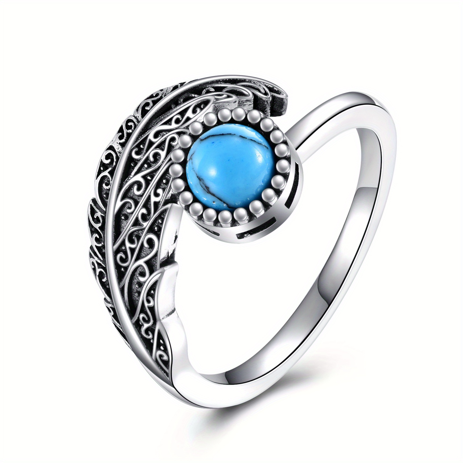 Feather Anxiety Fidget Rings 925 Sterling Silver Adjustable Turquoise Ring
